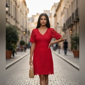 LULUS Women's Red Pearson Lace Short Sleeve Sheath Dress Medium Formal Cocktail